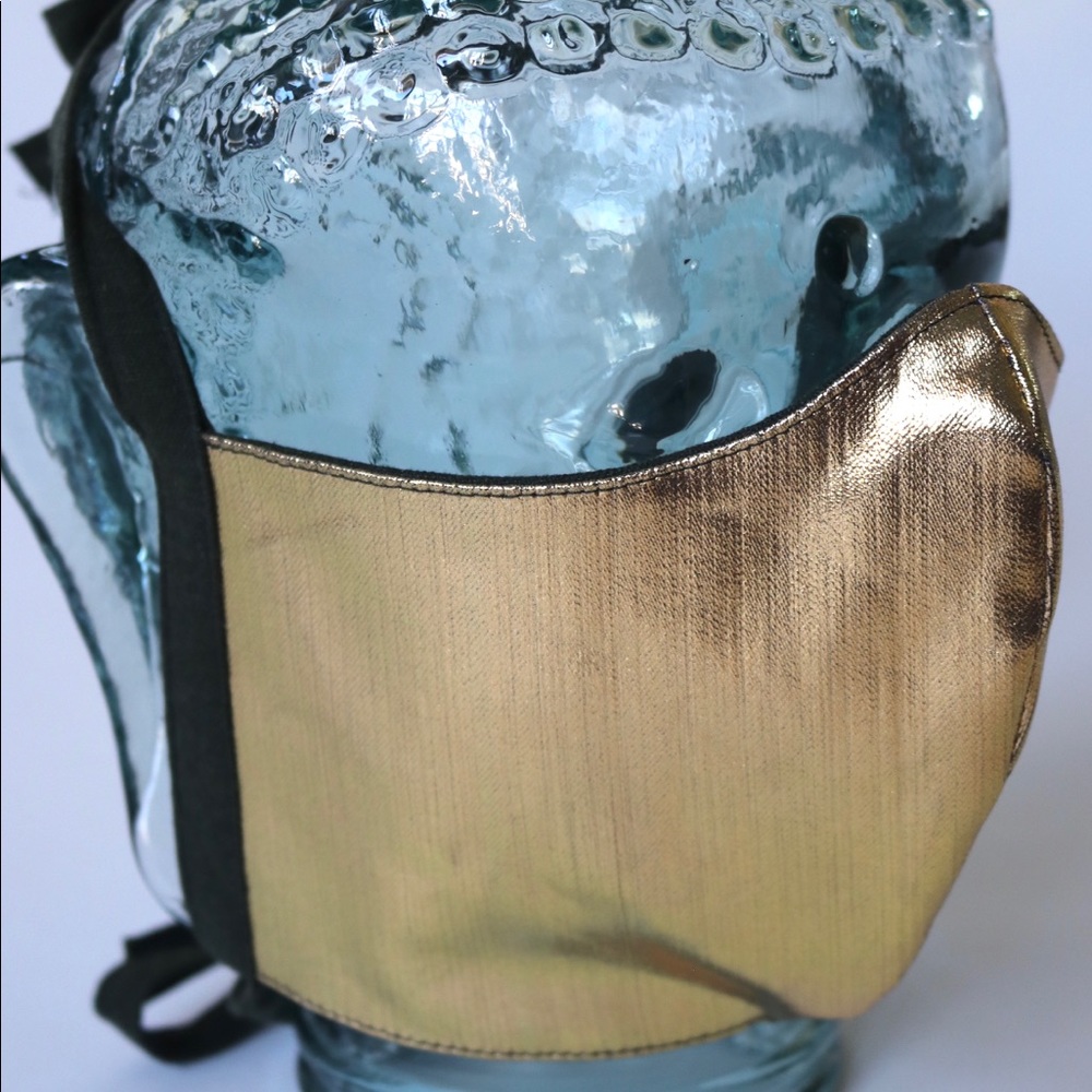 Gold denim face mask w olive linen lining & straps
